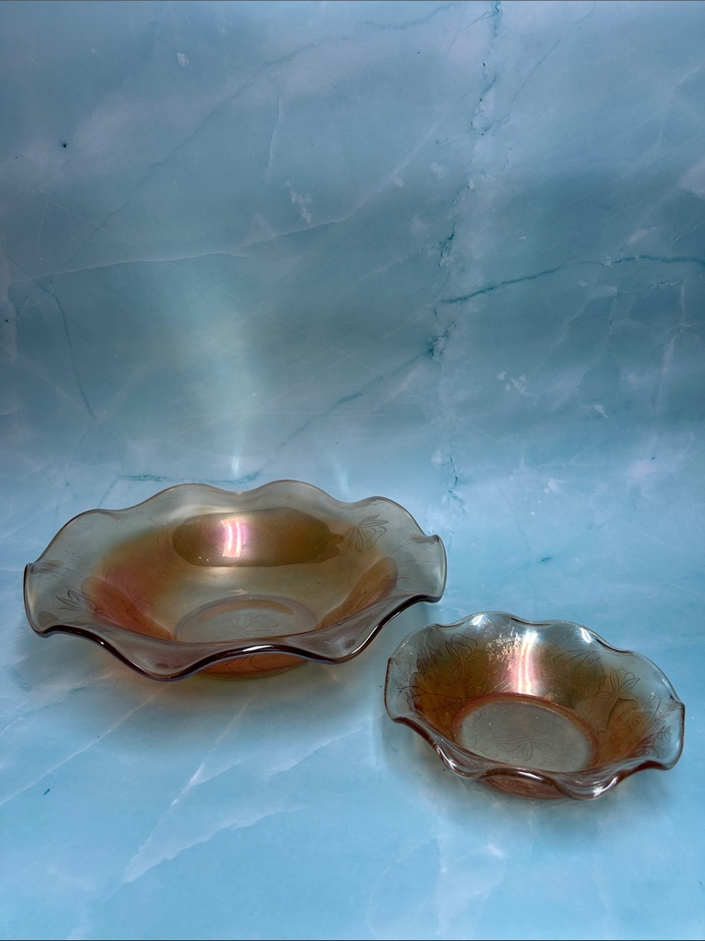 Vintage Jeanette Floragold Louisa Iridescent Amber Bowl Fluted Edge Set of 2